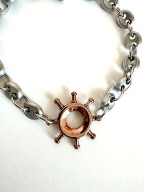 Stainless Steel Nautical Wheel Bracelet Two Tone Chain Link Silver and Rose Gold